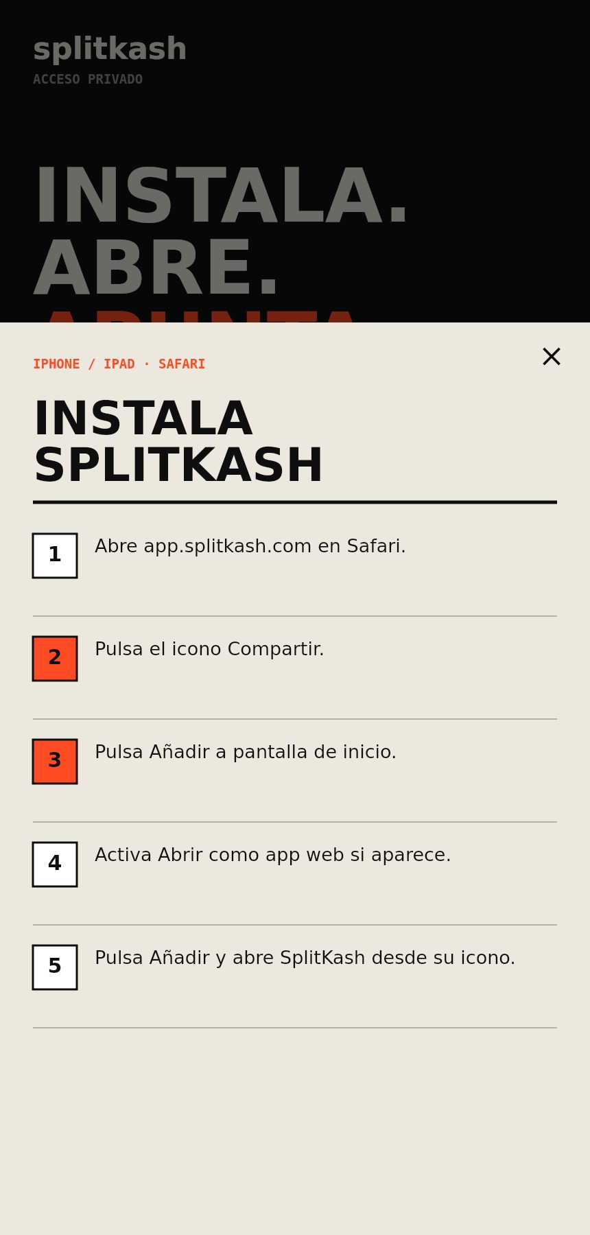 Pantalla real de instalación de SplitKash con las instrucciones para añadirla al teléfono