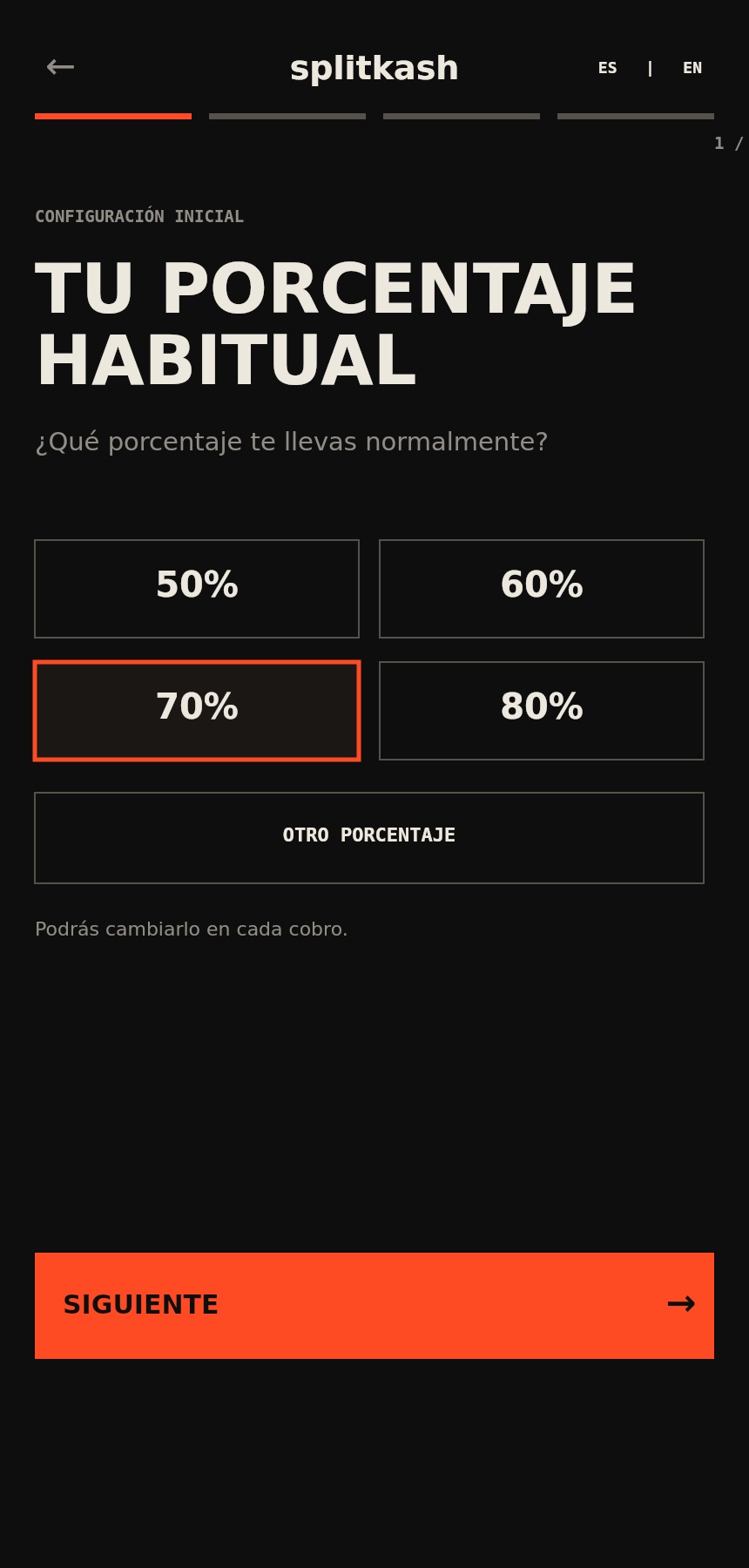 Pantalla real de primeros pasos de SplitKash para elegir el porcentaje habitual