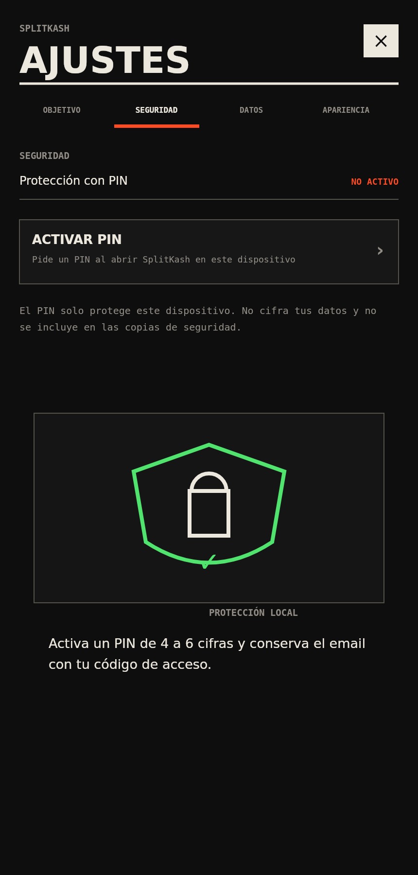 Pantalla real de los ajustes de seguridad y PIN de SplitKash